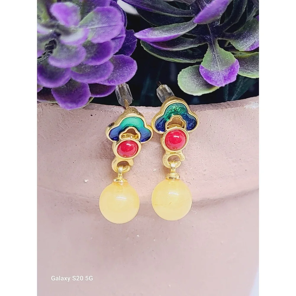 Vintage Style Enamel Drop Earrings Gold Tone Yellow Red‎ Green Blue Beaded Studs